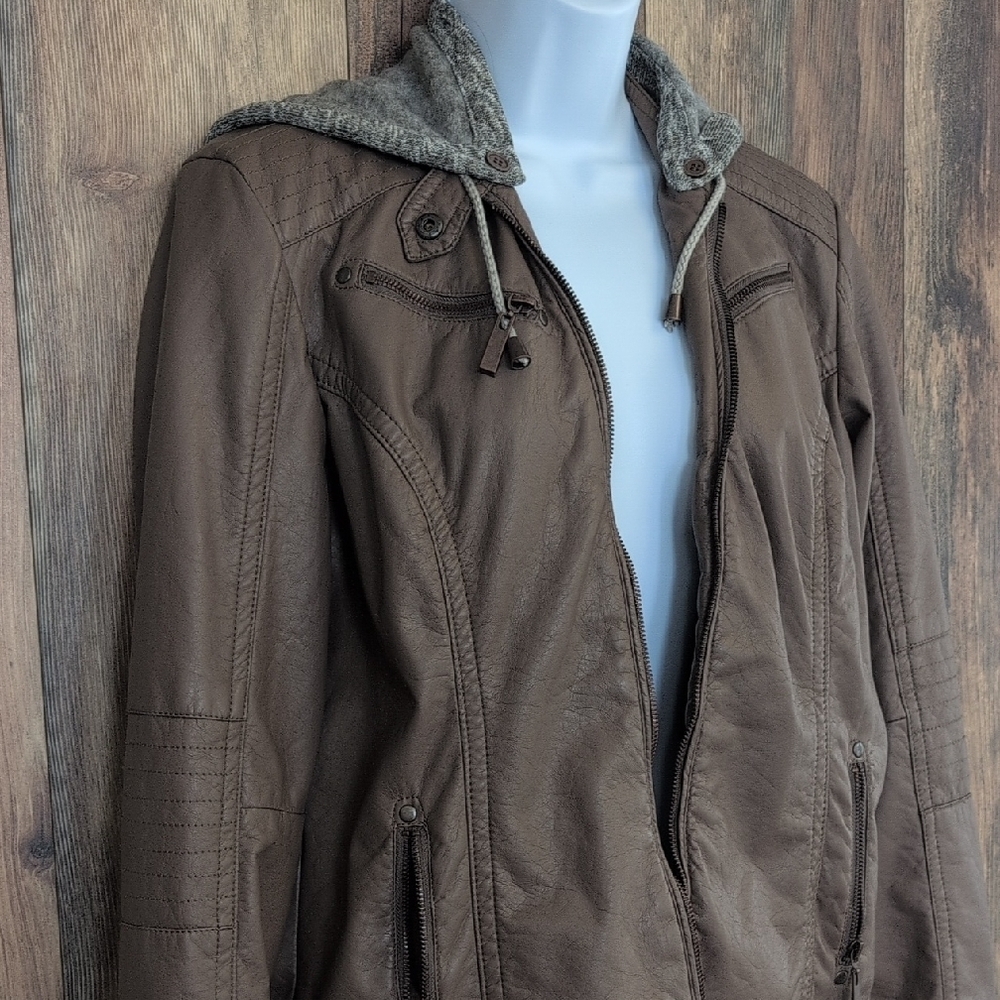 Vanity Brown Faux Leather Jacket with Gray Removable Hood M -209JH